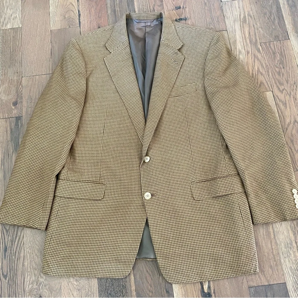 Hickey Freeman Mens Brown Wool Silk Houndstooth Blazer Size 43R